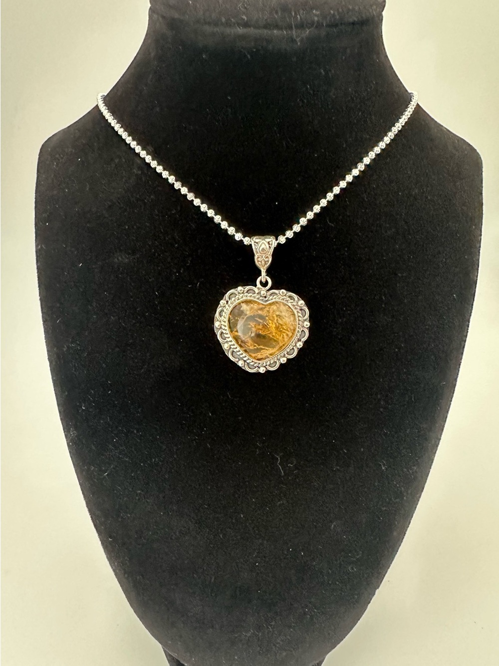 925 Sterling-silver Style Heart Pendant Necklace with Amber Stone - Silver Tone